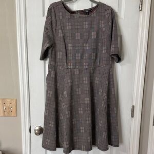 Worthington Gray Plaid Fit-and-Flare Midi Dress with Mauve Accents